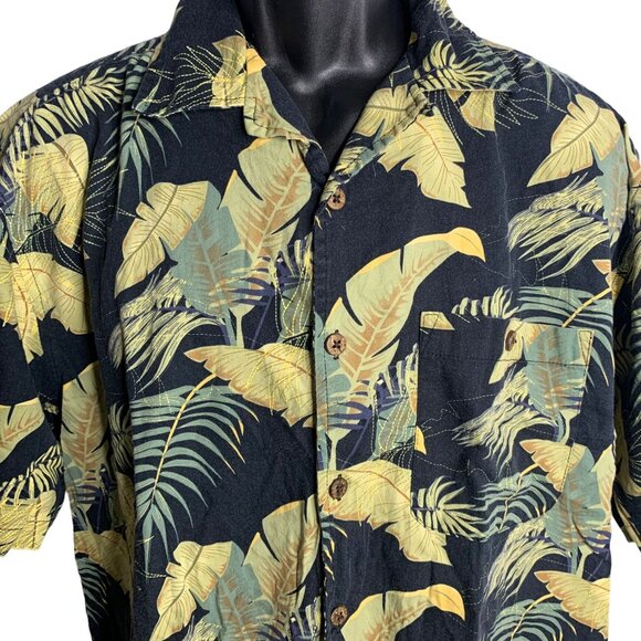 Vintage Trader Bay Hawaiian Camp Shirt L Black Floral Pockets Short Sleeves - Picture 2 of 6